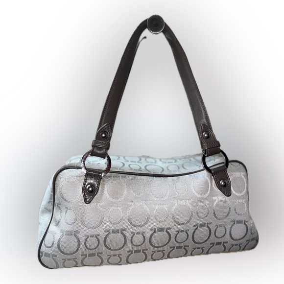 Salvatore Ferragamo AU-21 6841 Gray Signature Logo Canvas Satchel Leather - Picture 15 of 15